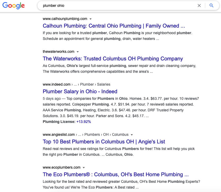 This is what the results for a local seo for plumbers look like